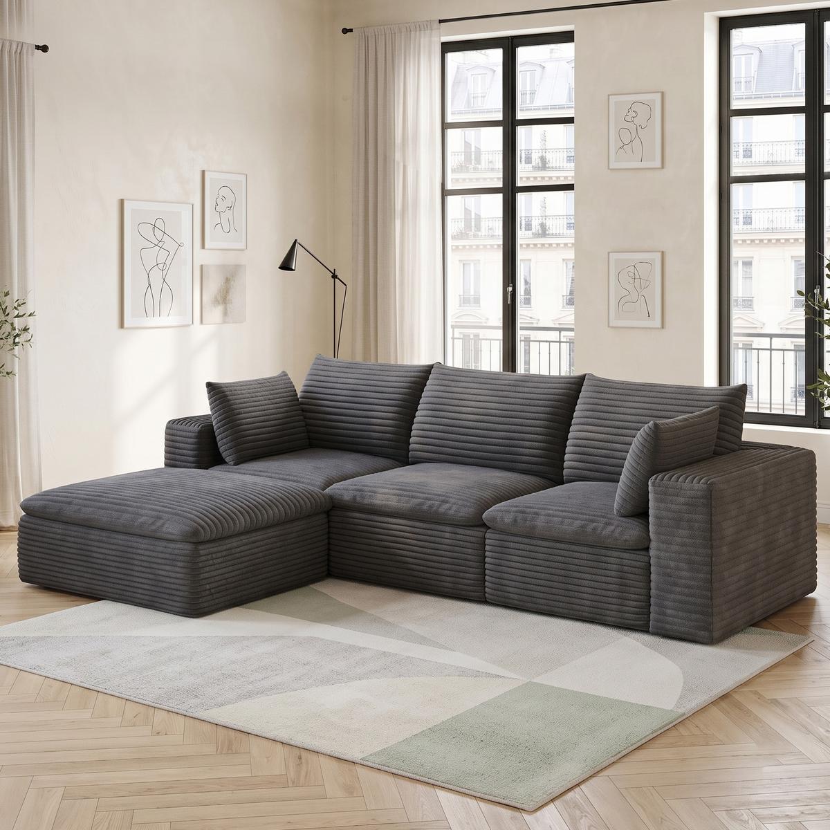 ECKSOFA 260cm L-Form Cord 4-Sitzer ohne Montage - Dunkelgrau, Textil (260/160cm) - Urban Meuble