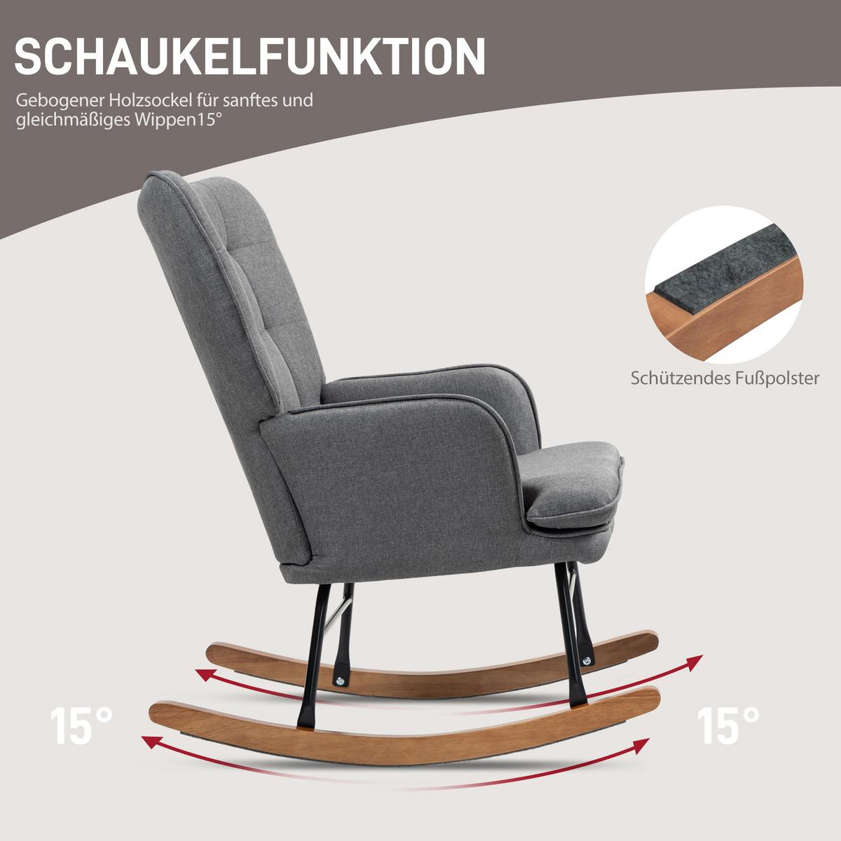 SCHAUKELSTUHL Schwingsessel mit Hocker Armlehnsessel Relaxsessel mit Leinenoptik - Dunkelgrau/Schwarz, Holz/Textil (89/90/64cm) - HOMCOM