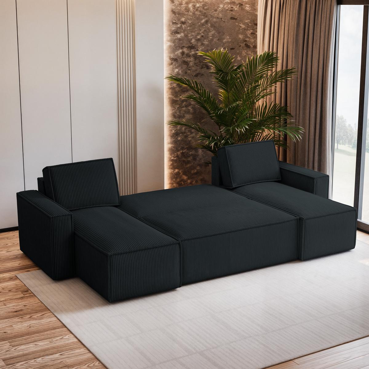 WOHNLANDSCHAFT PESANO P Schwarz Kordstoff mit Schlaffunktion - Schwarz/Grau, Holz/Kunststoff (306/85/140cm) - MASSENO