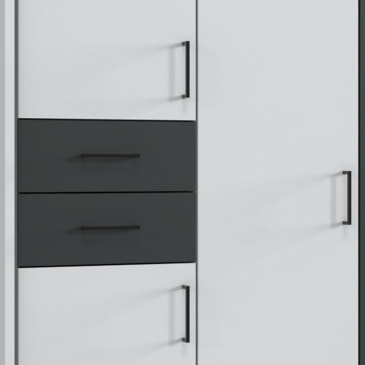 DREHTÜRENSCHRANK B313/H210/T58 cm, Weiß mit Absetzungen in Grafit, Kleiderschrank mit Passepartout&3Spiegeltüren&Schubkästen, Griffe schwarz / 22584 - Graphitfarben/Schwarz, Holzwerkstoff/Kunststoff (313/210/58cm) - luma-home