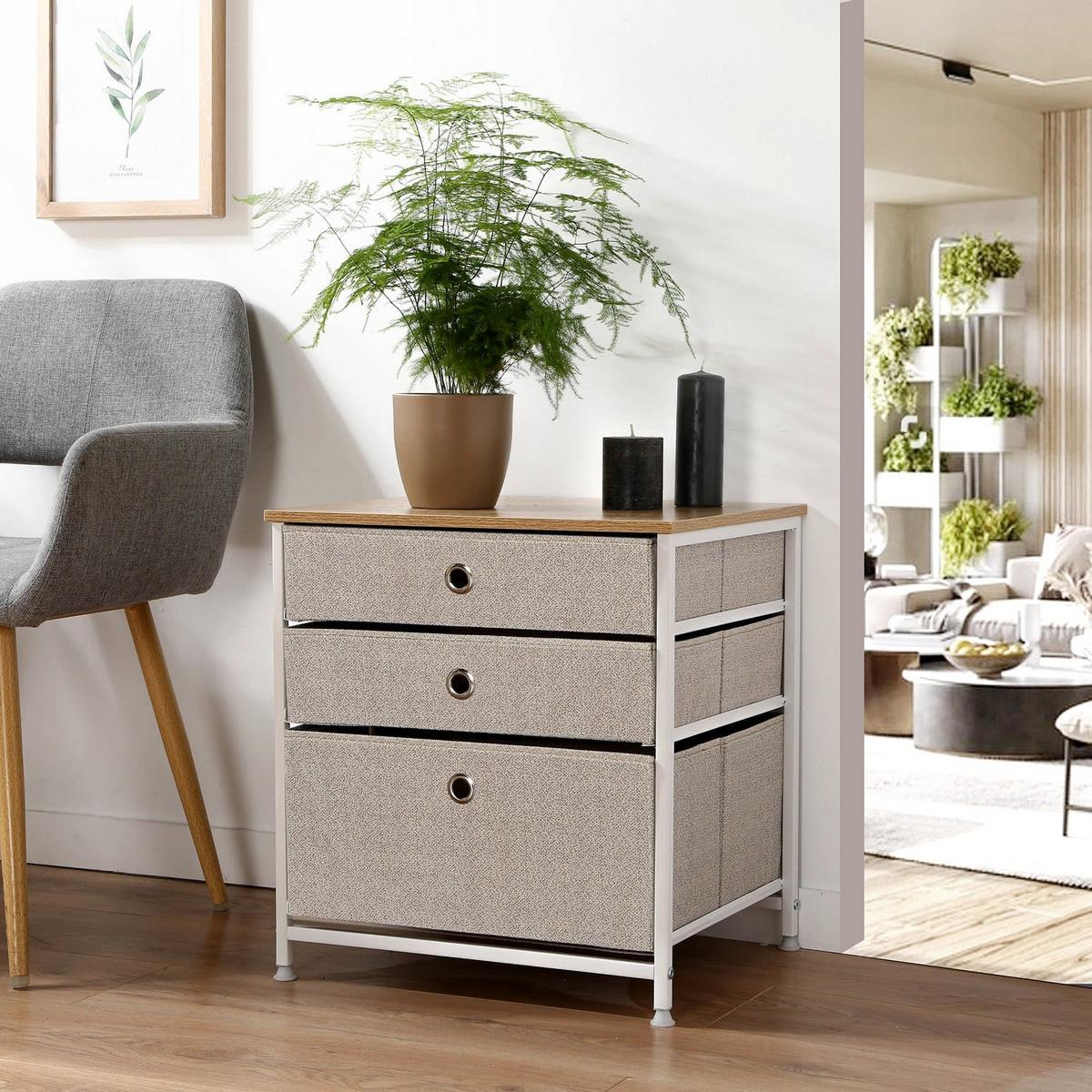 KOMMODE mit 3 Schubladen aus hellem Vliesstoff - L48 cm - Weiß, Holzwerkstoff (40/51/41cm) - Calicosy