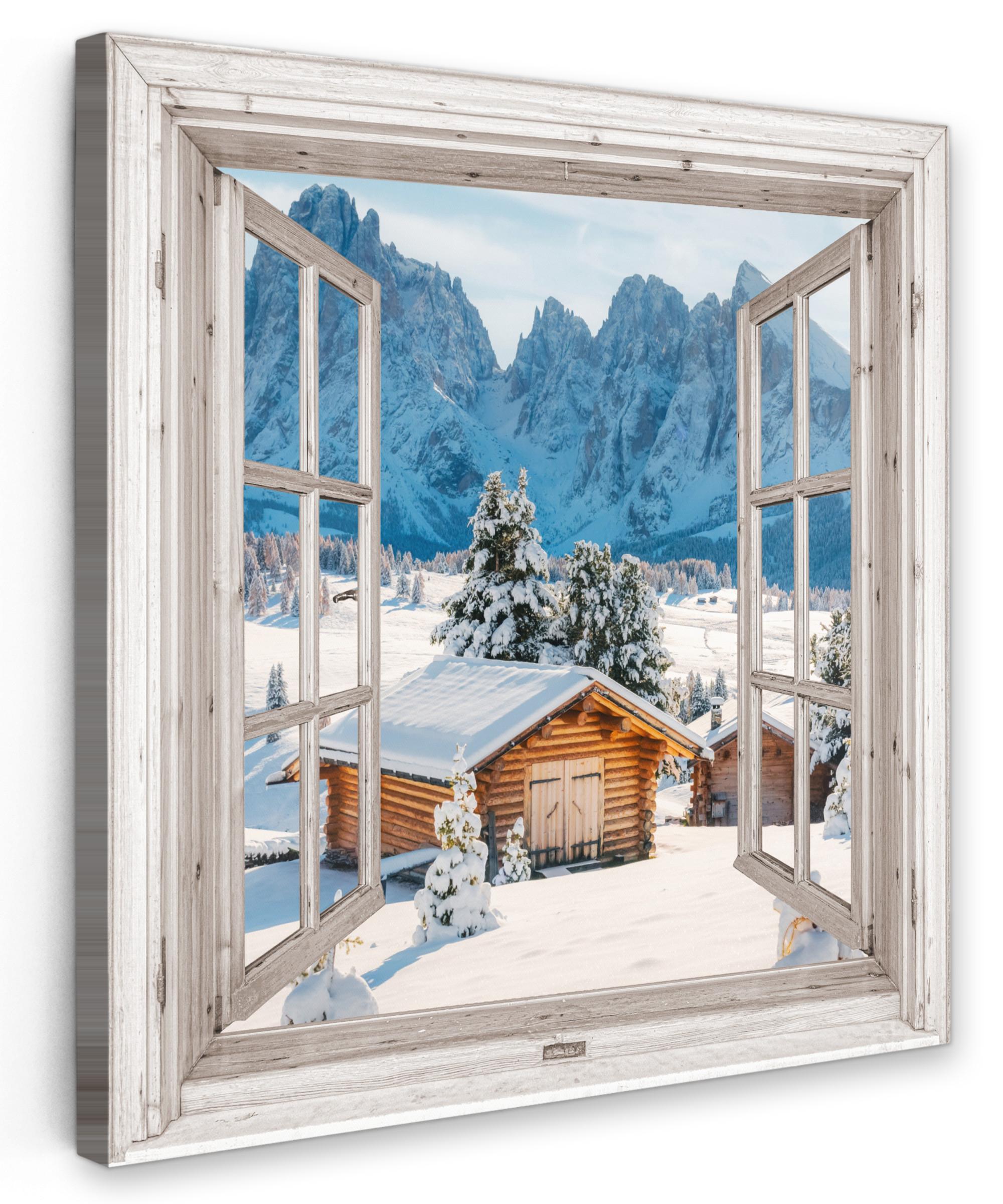 LEINWANDBILD Winterlandschaft - Hütte - Berge - Ausblicke - Aussicht - Natur Wandbild Wohnzimmer 50x50 cm - Weiß Hochglanz, Textil (50/50cm) - MuchoWow