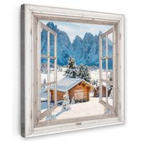 LEINWANDBILD Winterlandschaft - Hütte - Berge - Ausblicke - Aussicht - Natur Deko Wohnzimmer 20x20 cm - Weiß Hochglanz, Textil (20/20cm) - MuchoWow
