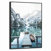 LEINWAND Bilder mit Rahmen - Natur - Berge - Schnee - Wald - Boot - 70x100 - Hellgrün, Textil (70/100cm) - MuchoWow