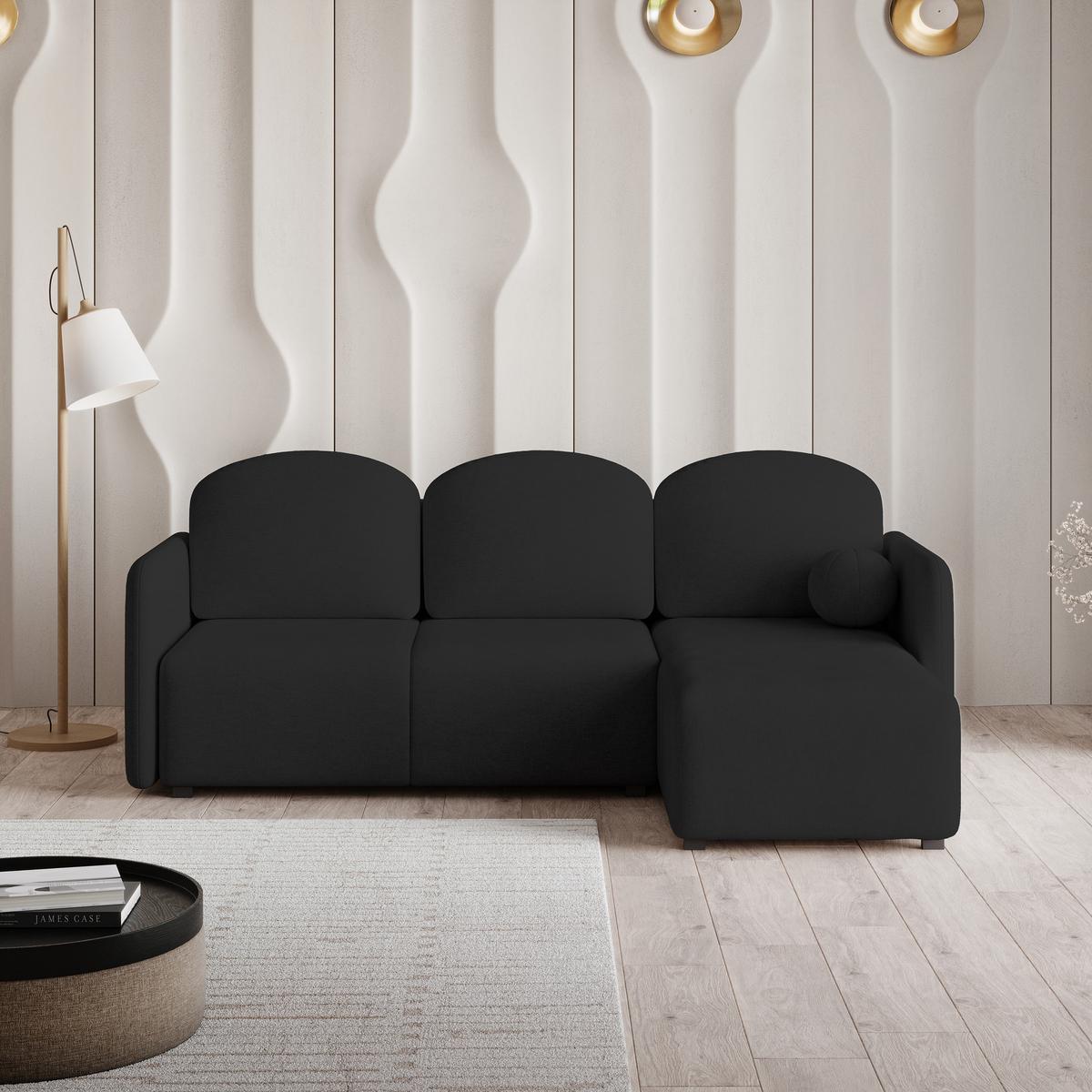 ECKSOFA SUVINO Schwarz Geflochtener Stoff mit Schlaffunktion - Schwarz, Holz (230/143cm) - MASSENO