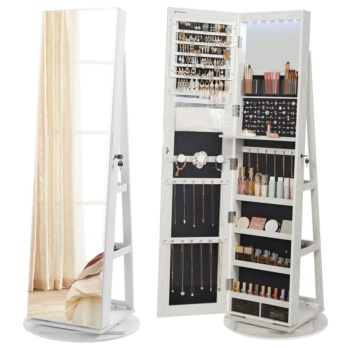 SCHMUCKSCHRANK mit Spiegel - H162 cm - Weiß, Holzwerkstoff (55/162/167cm) - Calicosy