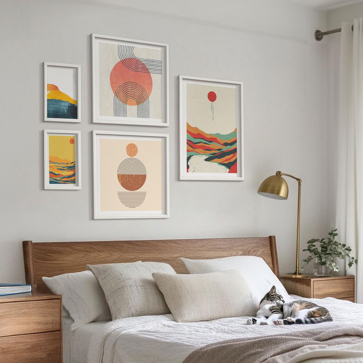 BILDER SET 5er Set - 50x50 cm & 20x30 cm & 40x60 cm Weißer Rahmen - Abstrakte Berglandschaften - Weiß, Kunststoff (40/60cm) - TULUP
