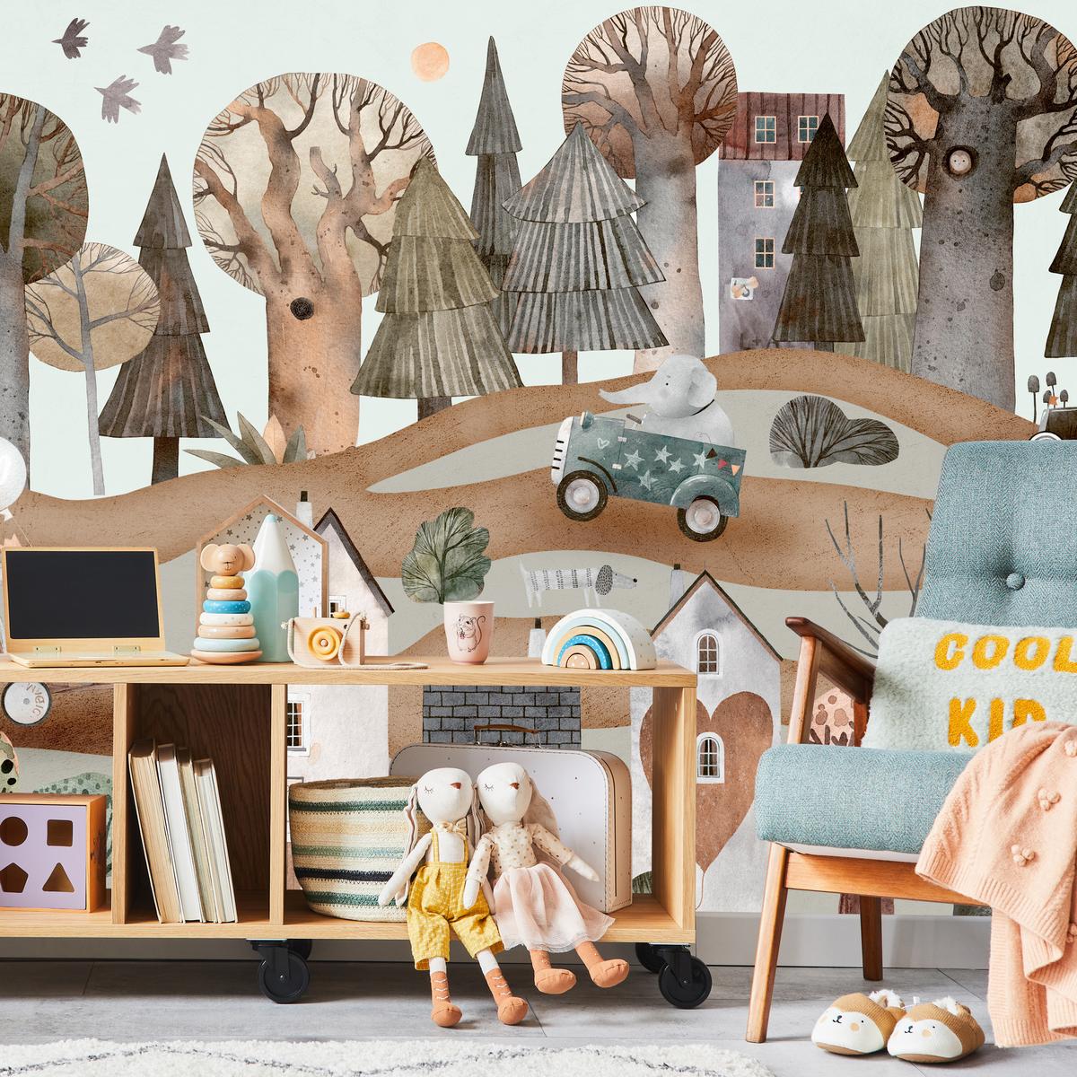 FOTOTAPETE für Kinderzimmer Fantastische Stadt Häuser Wald Tiere Autos 300x210 - Beige/Braun, Papier (300/210cm) - Muralo