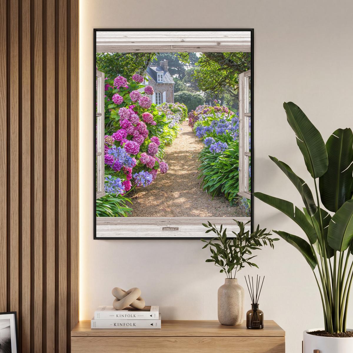 LEINWAND Bilder mit Rahmen - Hortensie - Durchsichtig - Blumen - Sommer - Lila - Weg - 70x100 - Lila, Textil (70/100cm) - MuchoWow