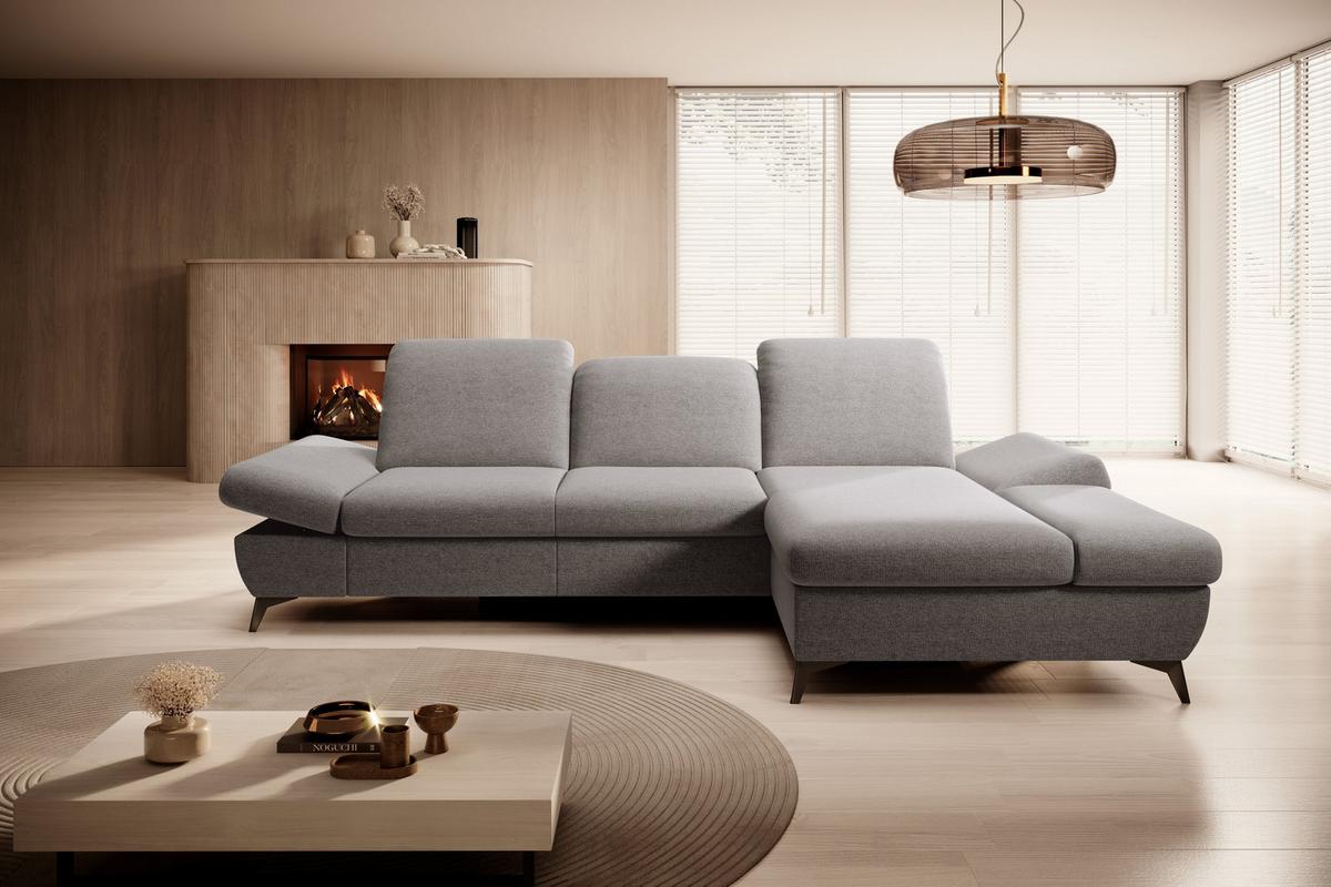 ECKSOFA FELICE R-S Hellgrau Geflochtener Stoff mit Schlaffunktion - Hellgrau, Holz (284/166cm) - MASSENO
