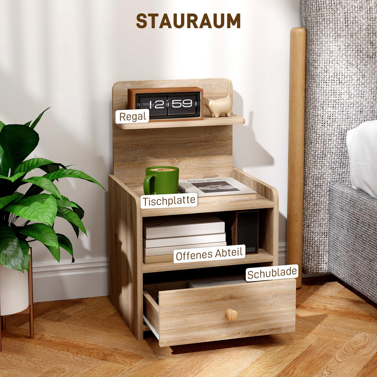 NACHTTISCH mit Schublade, Beistelltisch, Nachtschrank mit offenen Ablage Natur - Naturfarben, Holzwerkstoff (35/66/40cm) - HOMCOM