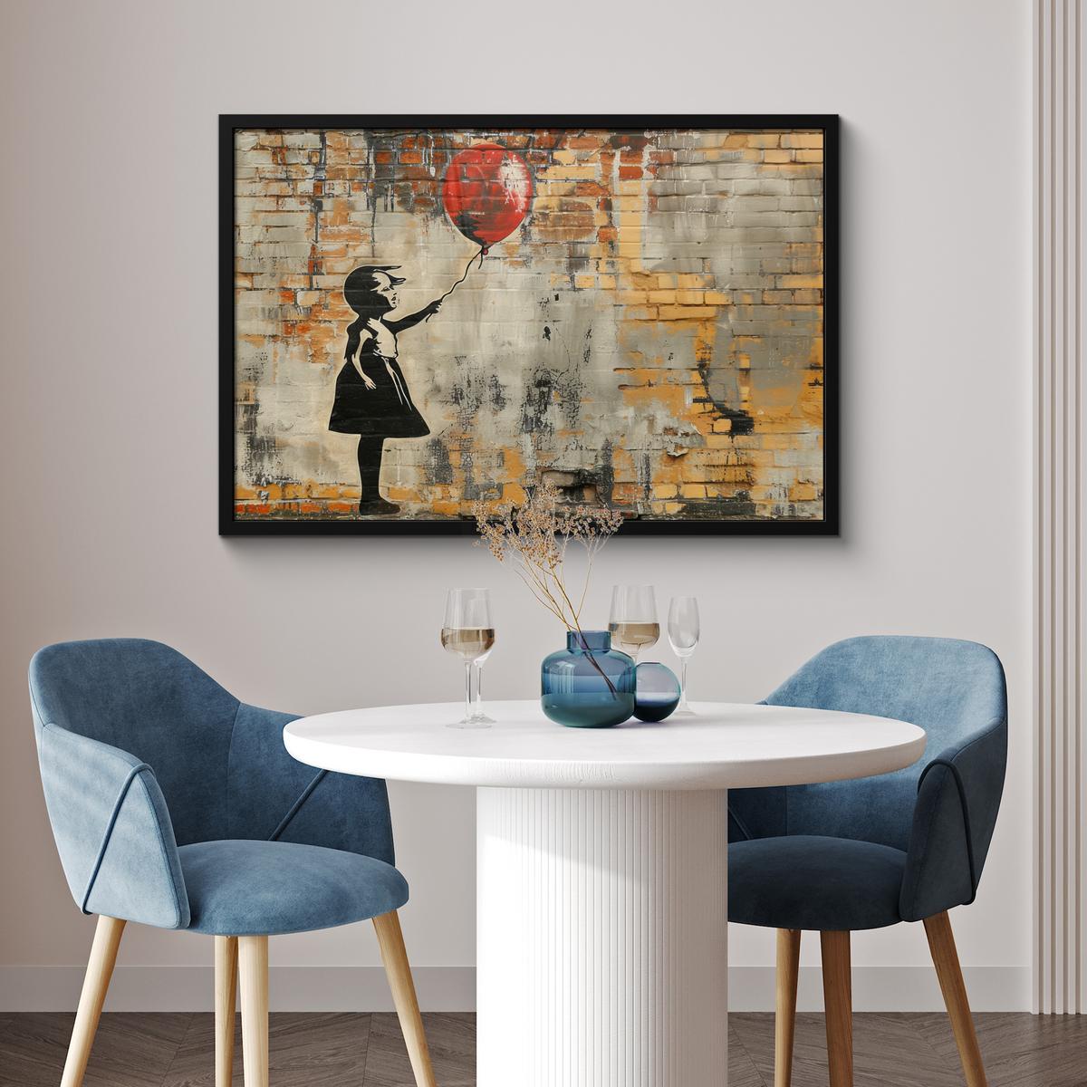 POSTER MIT RAHMENGERAHMTES BILD Graffiti - Banksy - Mädchen - Straßenkunst 90x60 cm - Sandfarben, Papier (90/60cm) - MuchoWow