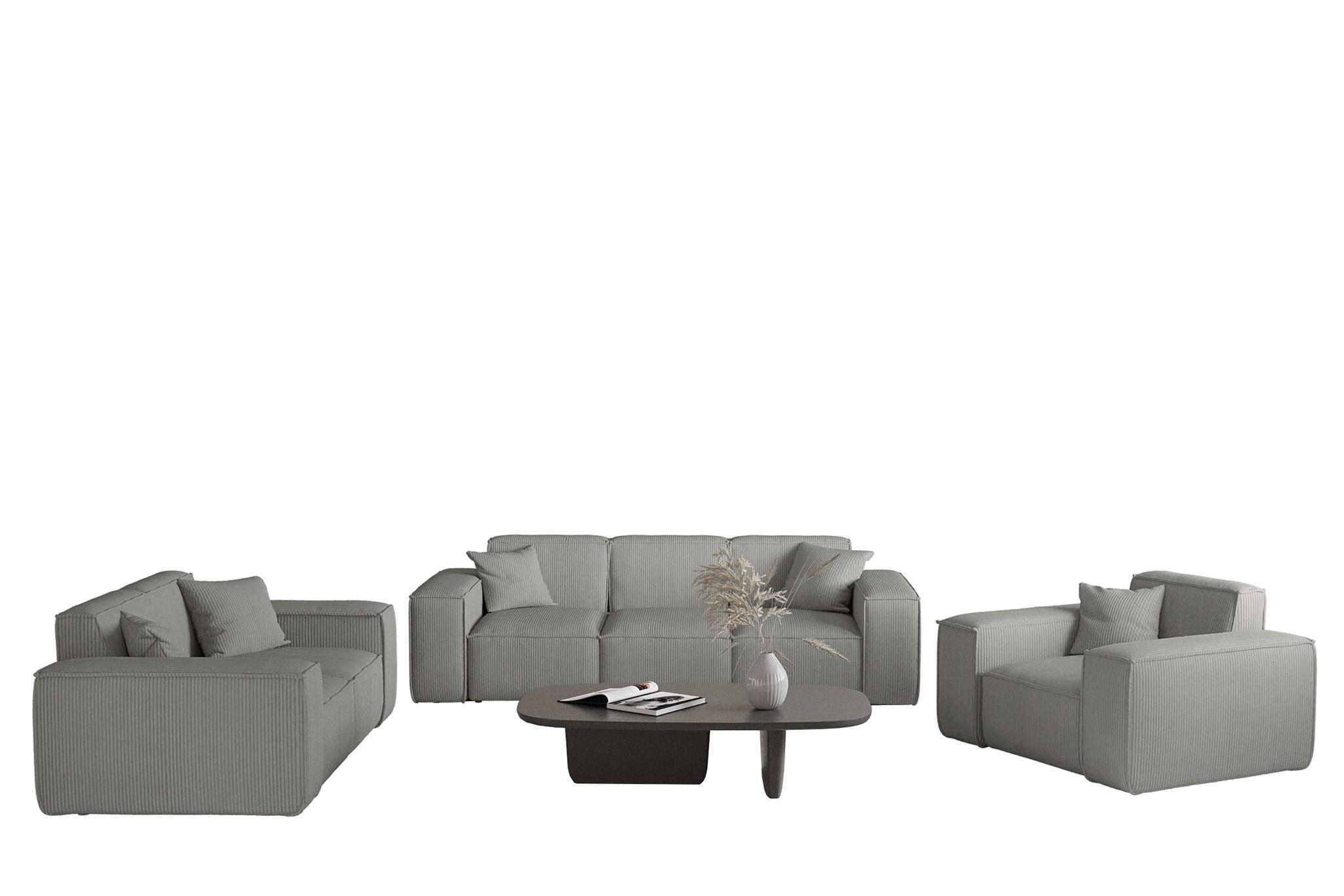 SOFASET Celes Premium 3-2-1 Stoff Scala - Grau, Holzwerkstoff/Textil (225/73/88cm) - Fun Möbel