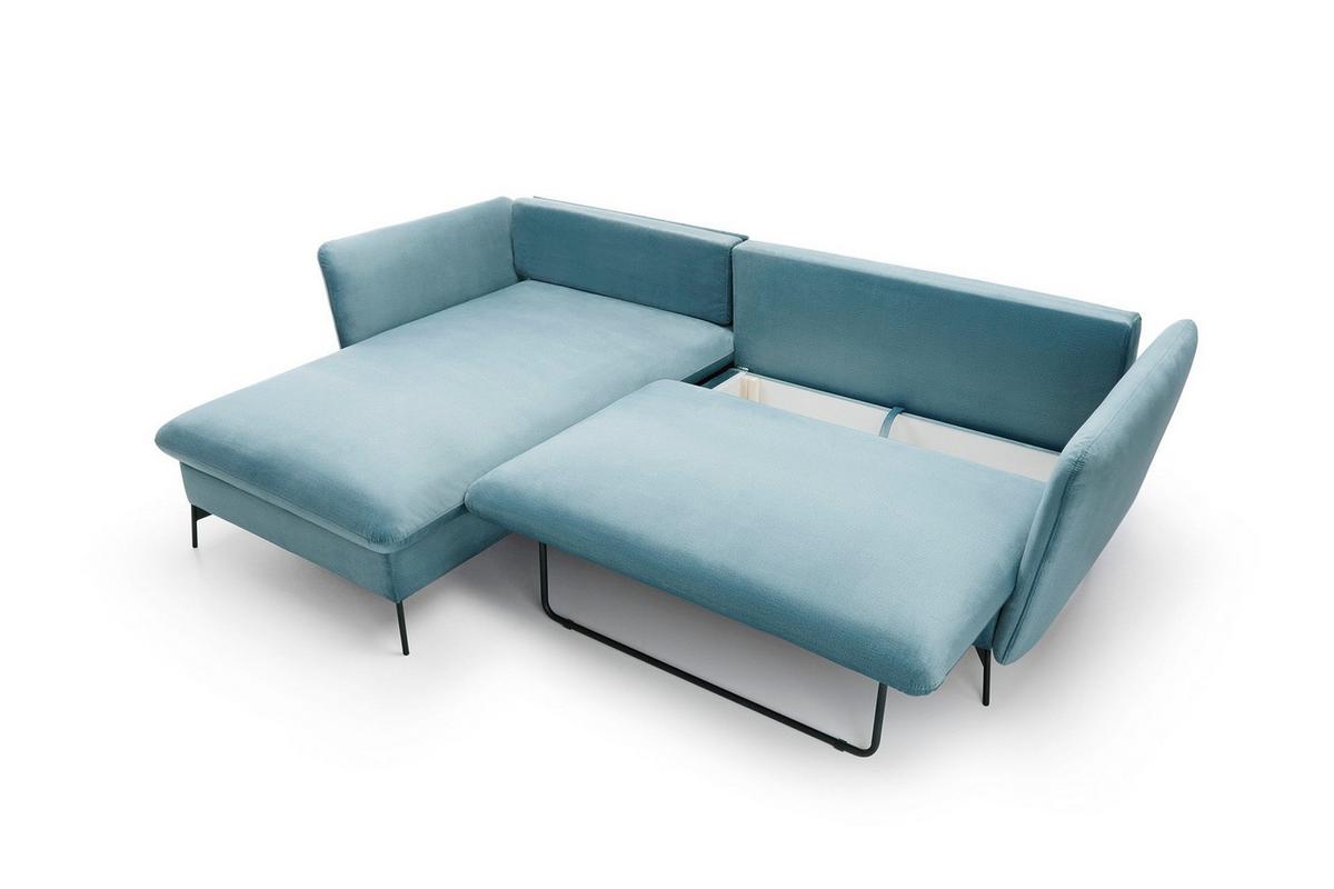 ECKSOFA FERRO Blau Velours-Stoff mit Schlaffunktion - Blau, Holz (258/167cm) - MASSENO