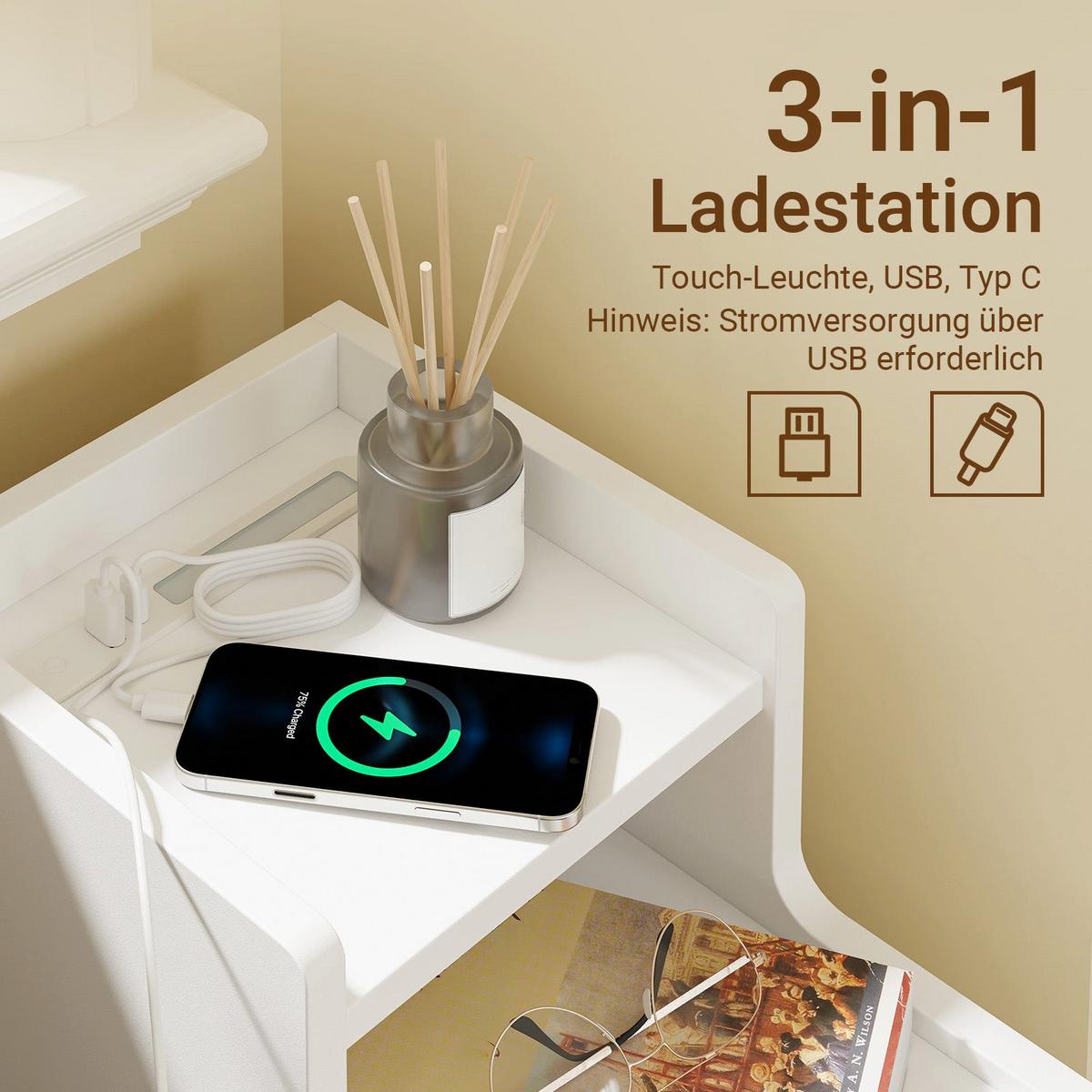 NACHTTISCH schmal mit Ladefunktion und LED-Touch-Lampe, 22x34x60.5cm - Weiß, Holzwerkstoff (22/60/34cm) - SoBuy