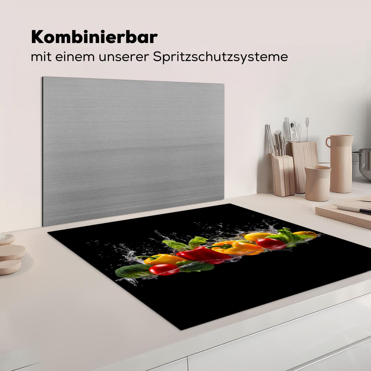 HERDABDECKPLATTE Paprika - Wasser - Gemüse - Schwarz Induktionsmatte 78x78 cm - Multicolor, Kunststoff (78/78/0.2cm) - MuchoWow