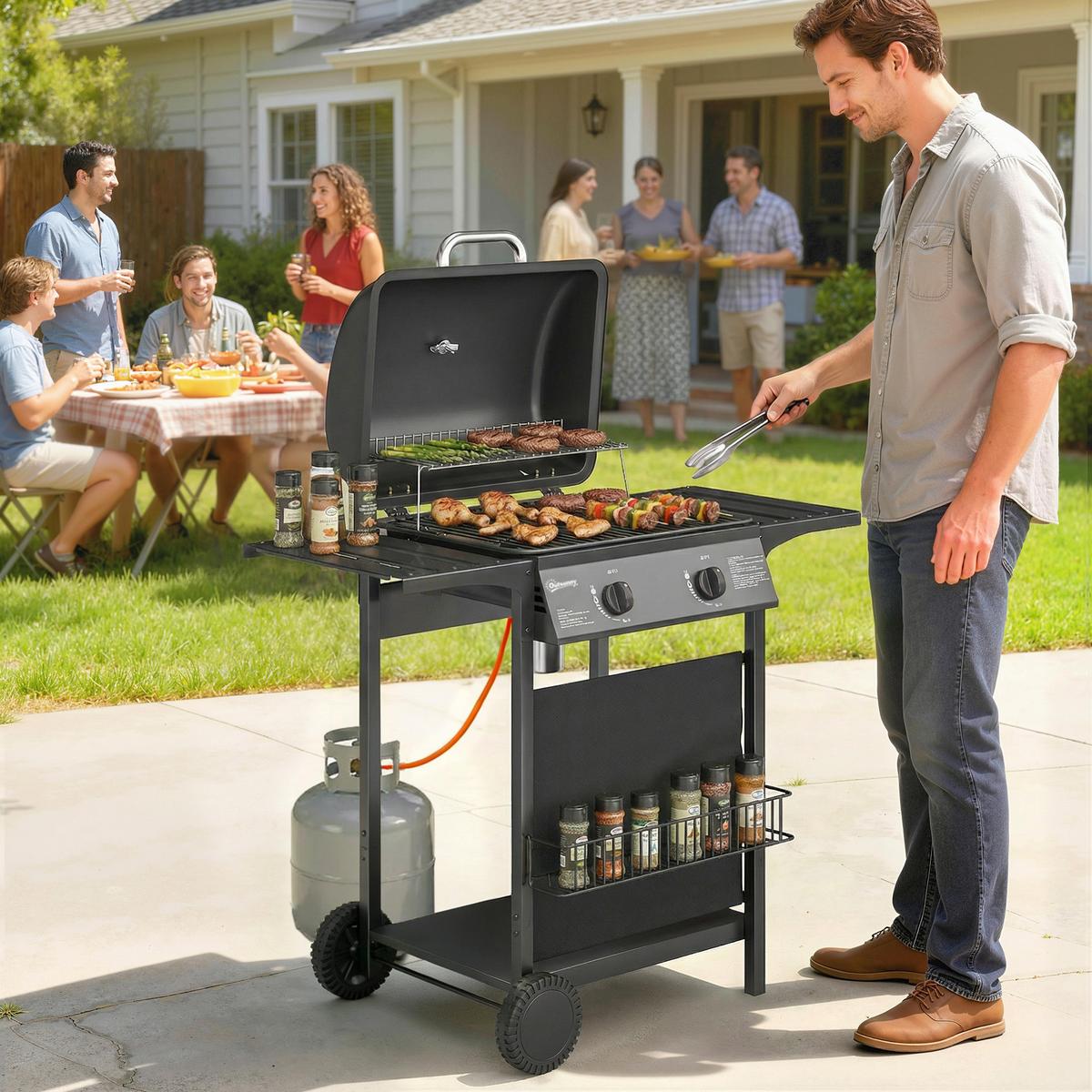 GASGRILL mit 2 Brenner aus Metall Schwarz - Schwarz, Metall (56/95/99cm) - Outsunny