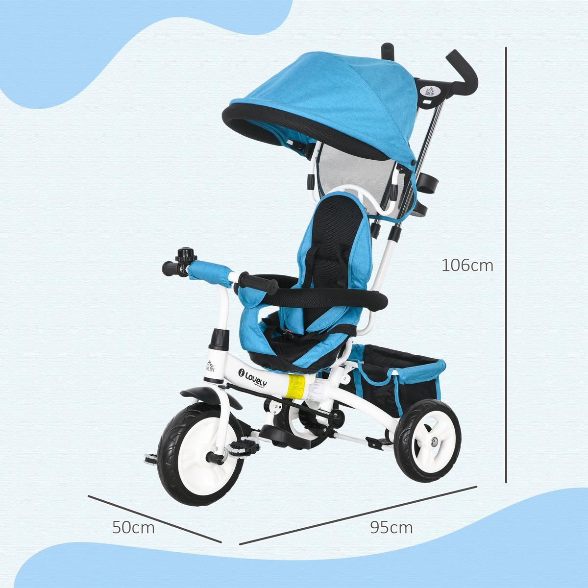 6-IN-1 Dreirad mit Schubstange, Kinderdreirad mit abnehmbarem Sonnendach Blau - Blau, Metall (95/50/106cm) - HOMCOM