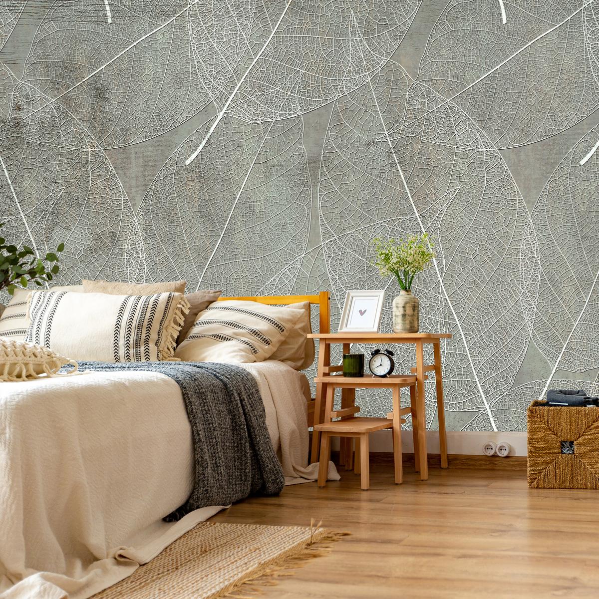 FOTOTAPETE für Schlafzimmer Weiße Blätter auf Beton 100x70 - Weiß/Grau, Papier (100/70cm) - Muralo
