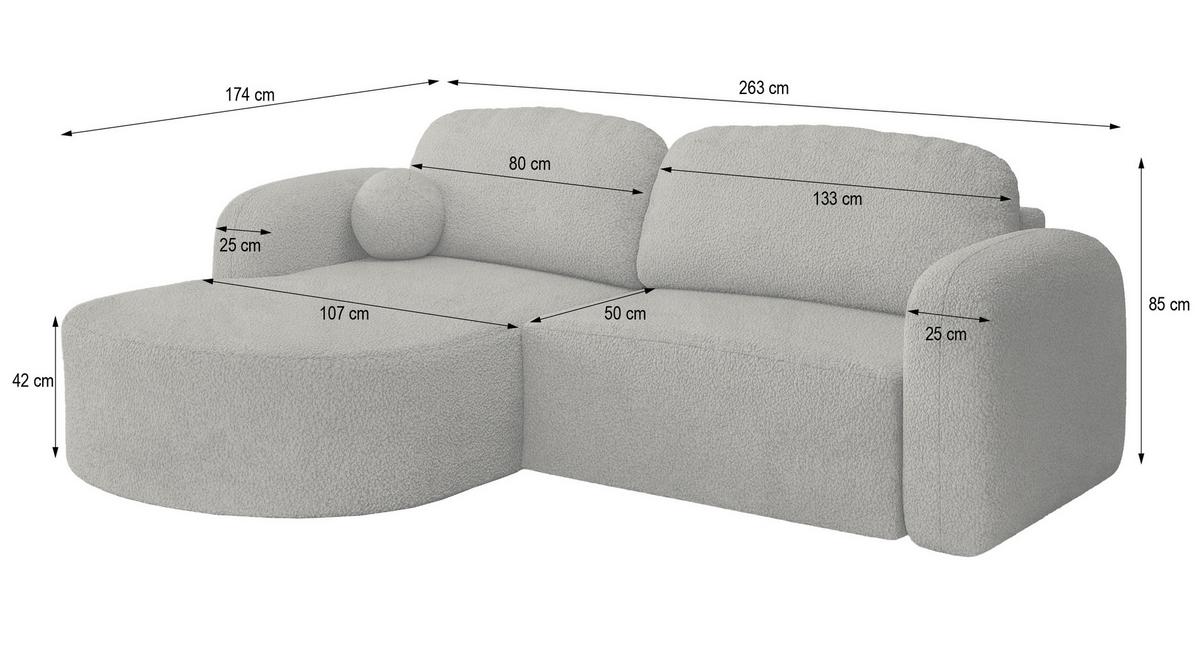 ECKSOFA AMILIA R-S Kupferfarben Boucle-Stoff mit Schlaffunktion - Kupferfarben, Holz (263/174cm) - MASSENO