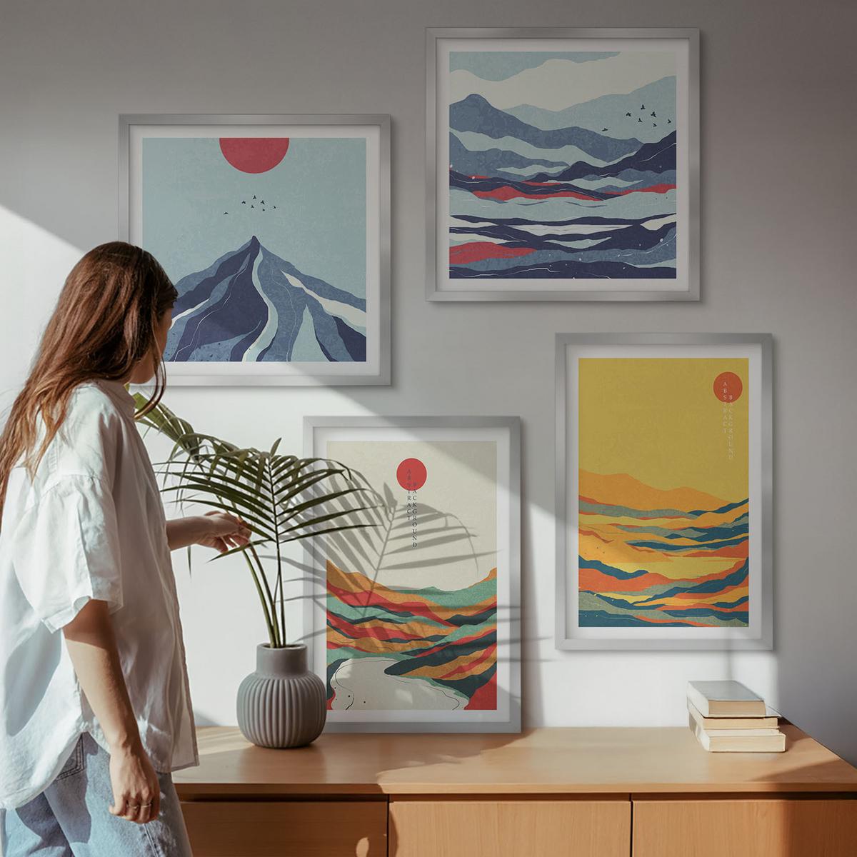 BILDER SET 4er Set - 50x50 cm & 40x60 cm Silberner Rahmen - Farbenfrohe abstrakte Flussberge - Silberfarben, Kunststoff (50/50cm) - TULUP