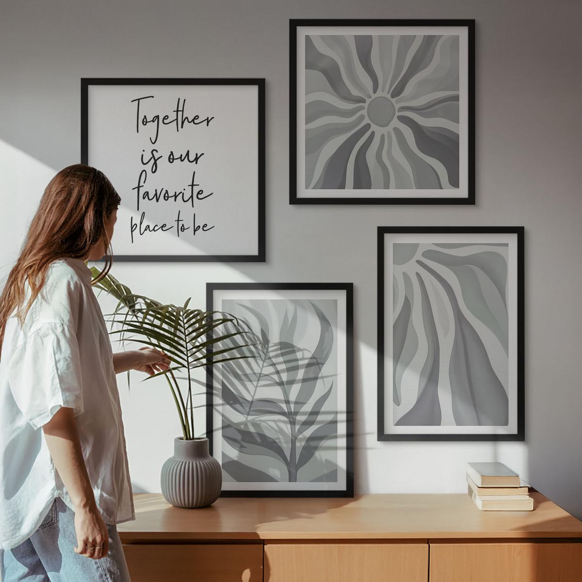 BILDER SET 4er Set - 50x50 cm & 40x60 cm Schwarzer Rahmen - Illustrationen mit floralen Pastellmustern - Schwarz, Kunststoff (50/50cm) - TULUP