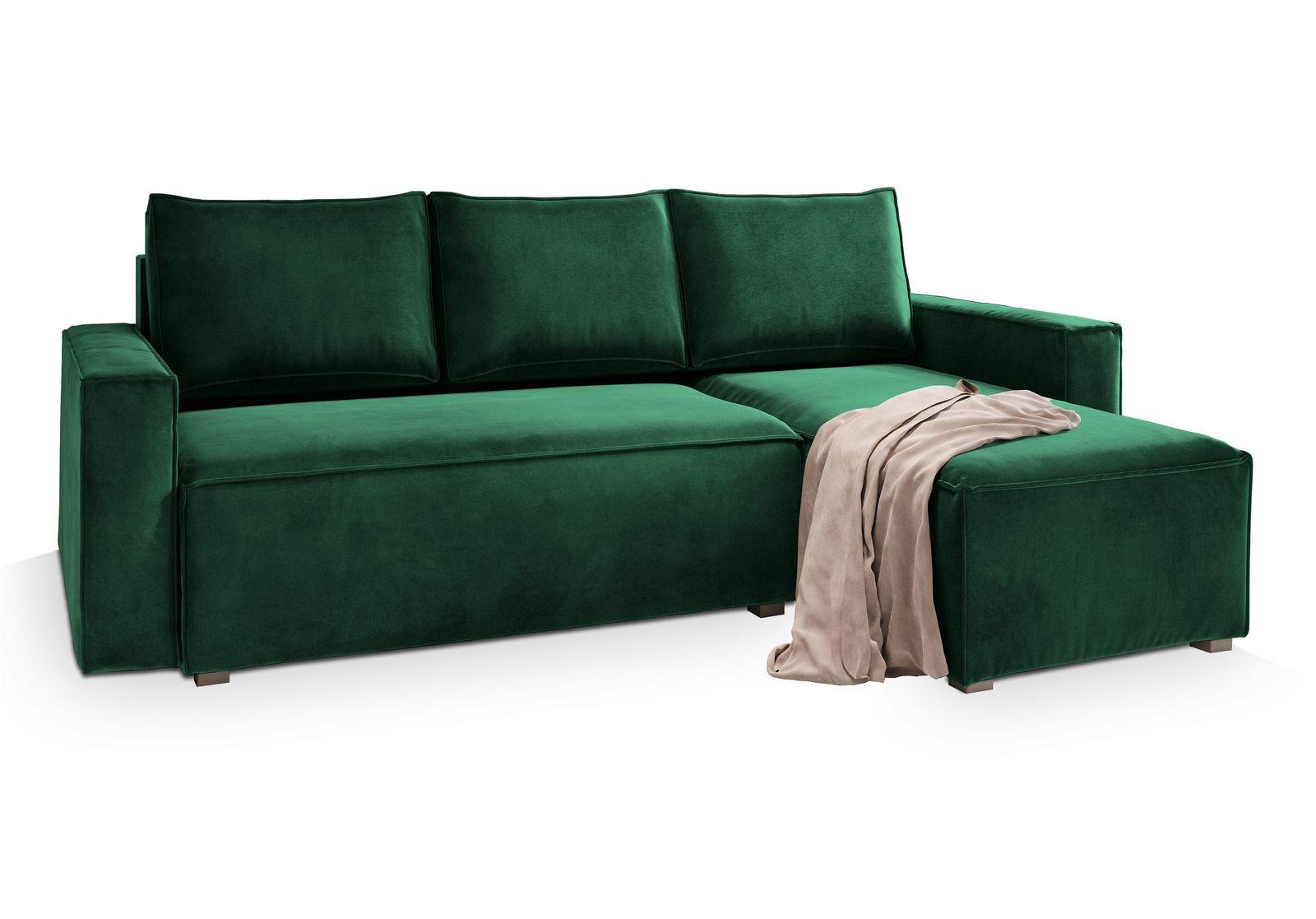 ECKSOFA SILES Grün Velours-Stoff mit Schlaffunktion - Grau/Grün, Holz/Kunststoff (230/140cm) - MASSENO