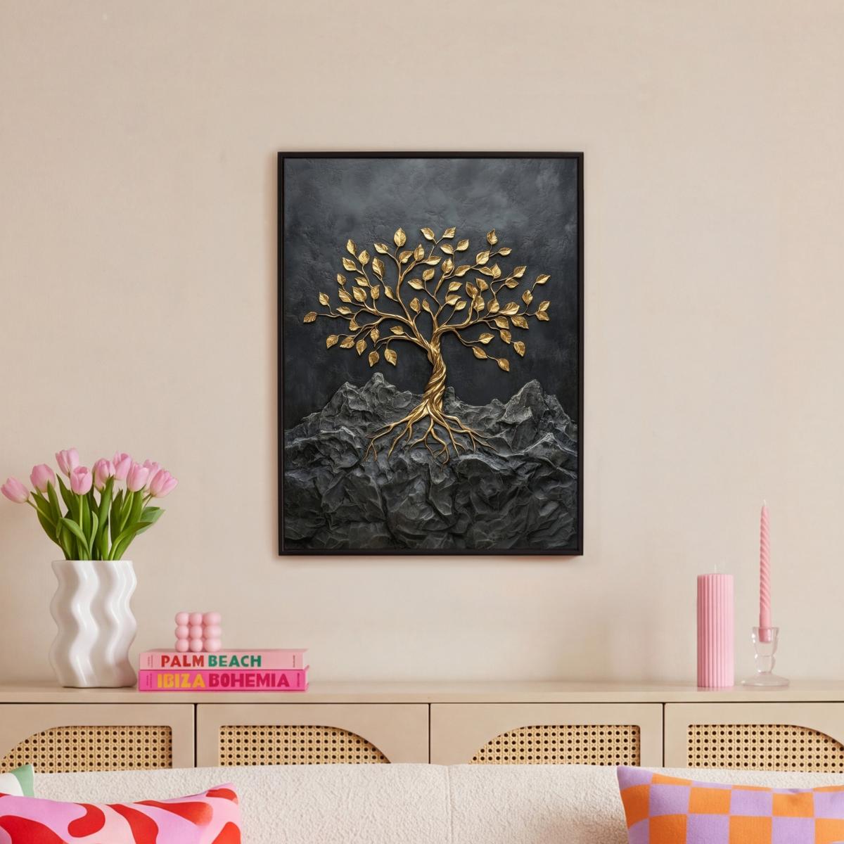 LEINWAND Bilder mit Rahmen - Blätter - Gold - Baum - Fels - 50x70 - Schwarz, Textil (50/70cm) - MuchoWow