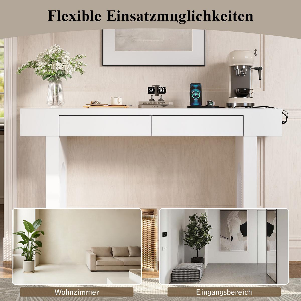 KONSOLENTISCH mit gitterdesign, 2 schubladen & integrierter steckdose - Weiß, Holzwerkstoff (35.5/120/76.5cm) - Urban Meuble