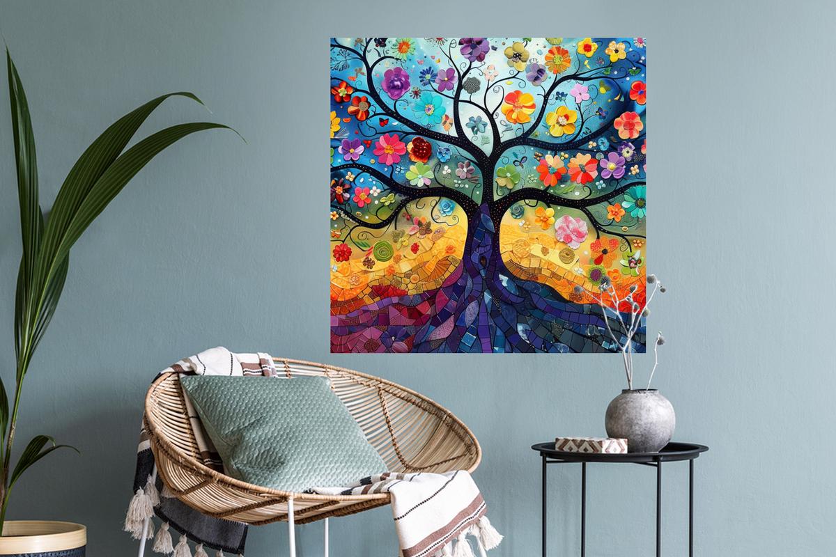 WANDTATTOO Kunst - Baum des Lebens - Blumen - Hippie Wanddeko 50x50 cm - Dunkelblau, Kunststoff (50/50/0.1cm) - MuchoWow