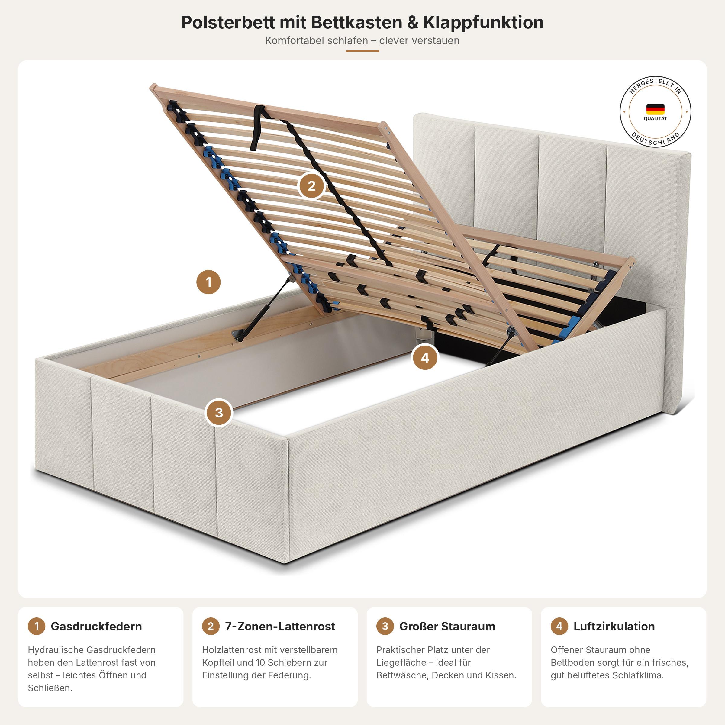 POLSTERBETT Dalas Beige 120 x 200 x 40 cm Bettkasten Mit hochwertiger Matratze H2 (bis 100 kg) und Lattenrost - Beige, Holz (120/200cm) - Halmon Schlafkomfort Betten 