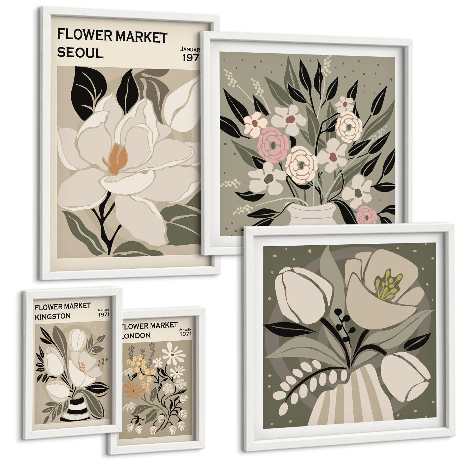 BILDER SET 5er Set - 50x50 cm & 20x30 cm & 40x60 cm Weißer Rahmen - Retro-Blumen aus Städten rund um die Welt - Weiß, Kunststoff (40/60cm) - TULUP