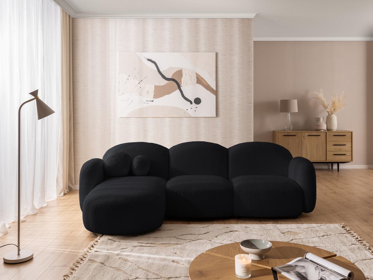 ECKSOFA Nuvola mit abgerundetem Design Schwarz Bouclé-Stoff - Ottomane Links - Schwarz, Holz/Kunststoff (268/146cm) - S-Style