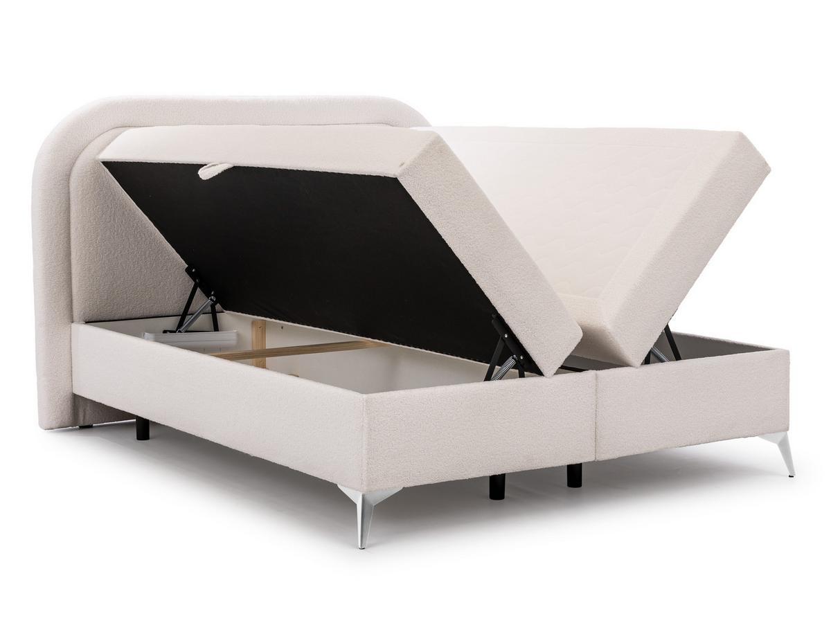 BOXBETT Sonna 200/200 cm Weiß Bouclé-Stoff mit abgerundetem Kopfteil und mit silbernen Metallfüßen - Silberfarben/Weiß, Holz/Textil (200/200cm) - S-Style Möbel