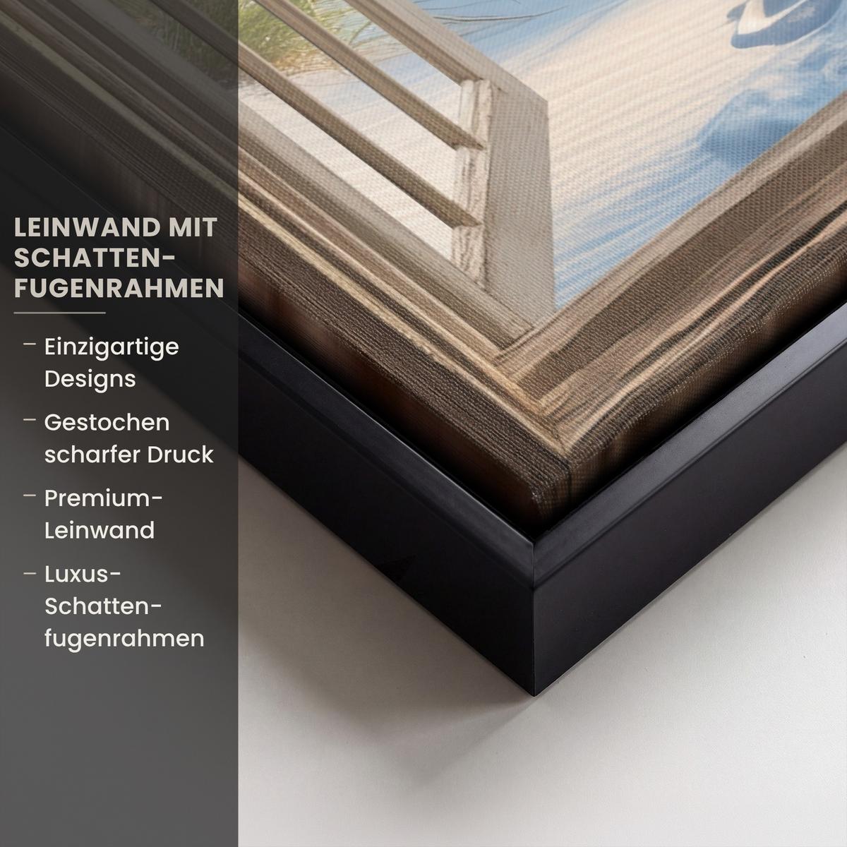 LEINWAND Bilder mit Rahmen - Aussicht - Strand - Fenster - Dünen - Meer - 70x100 - Hellblau, Textil (70/100cm) - MuchoWow