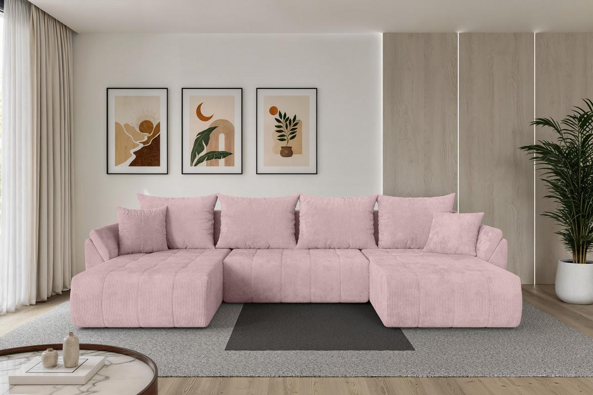 WOHNLANDSCHAFT mit Schlaffunktion und Bettkasten TOKO-U 378x194x86 Rosa Cord - Schwarz/Rosa, Holzwerkstoff/Kunststoff (378/86/194cm) - ALTDECOR