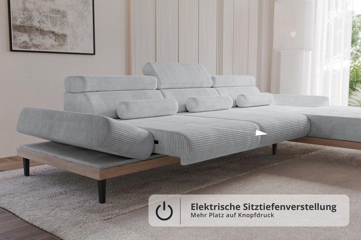 ELEKTRISCHES ECKSOFA Rechts MONA 316x205x85 Grau Cord - Schieferfarben/Grau, Holzwerkstoff/Textil (316/205cm) - ALTDECOR