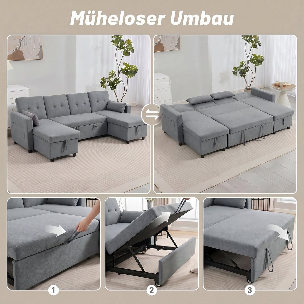 ECKSOFA Polyester Grau - Schwarz/Grau, Holz/Kunststoff (147/85/241cm) - HOMCOM
