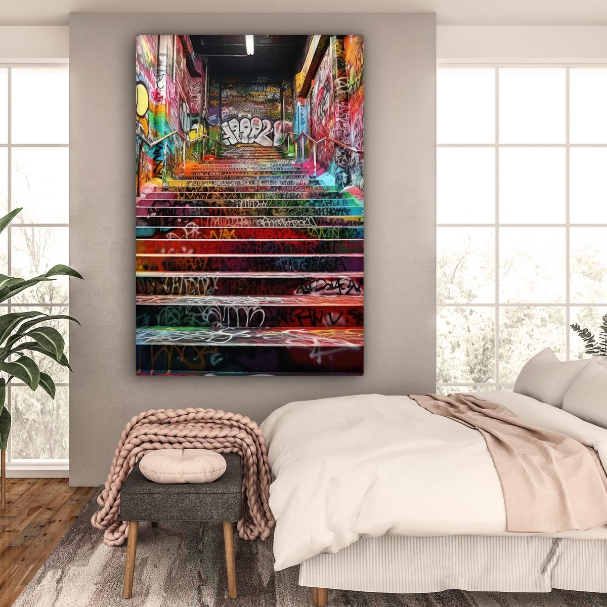 LEINWANDBILD Treppe - Graffiti - Farben - Kunst Deko Groß 90x140 cm - Multicolor, Textil (90/140cm) - MuchoWow