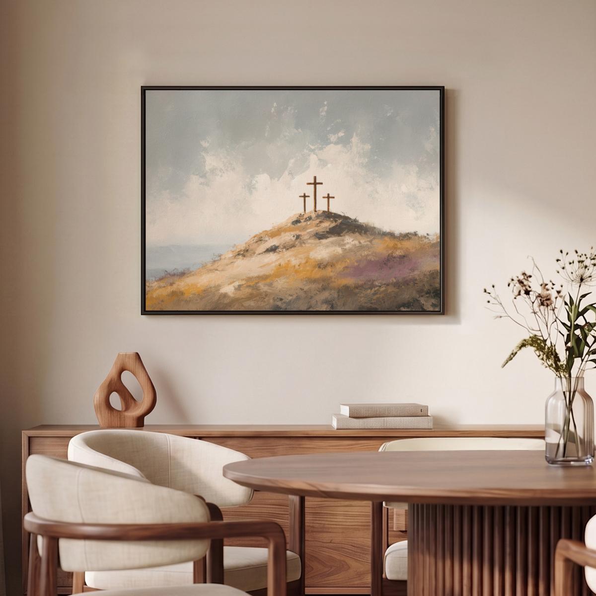LEINWAND Bilder mit Rahmen - Hügel - Abstrakt - Christentum - Kreuz - 70x50 - Hellgrau, Textil (70/50cm) - MuchoWow