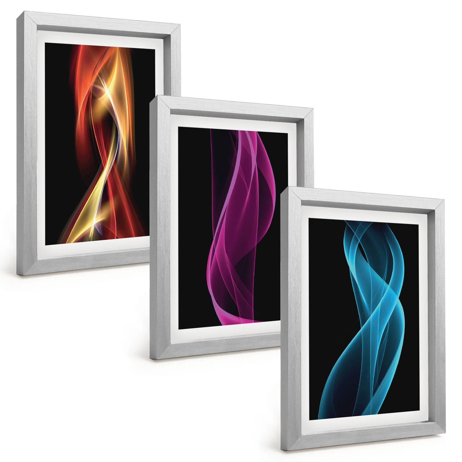 BILDER SET 3er Set - 20x30 cm Silberner Rahmen - Neonwellenlinien auf dunklem Hintergrund - Silberfarben, Kunststoff (20/30cm) - TULUP