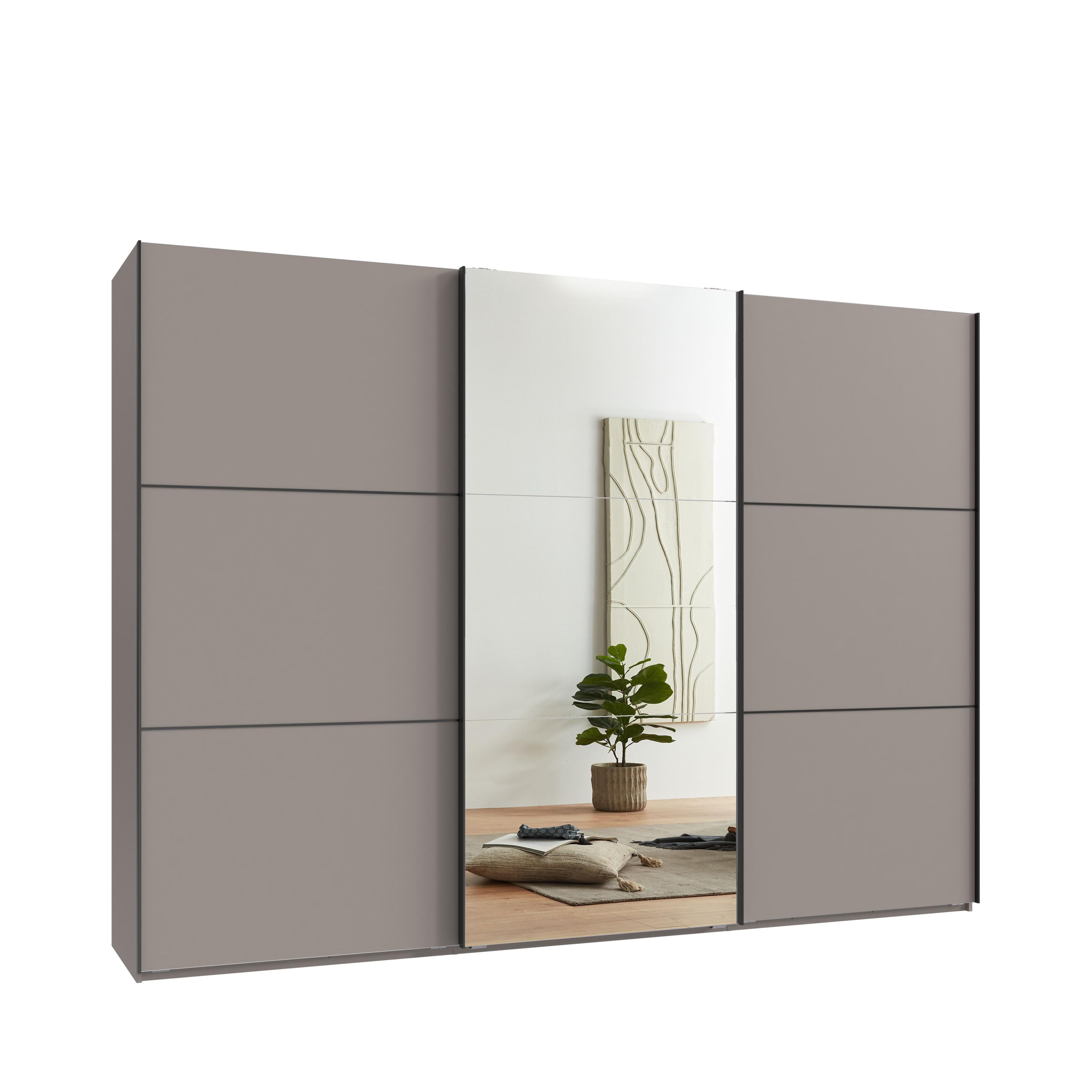 SCHWEBETÜRENSCHRANK 3-türig B300/H216/T65 cm in Sandgrau, eine Spiegeltür, Kleiderschrank inkl. Vollausstattung / 22020 - Sandfarben/Rot, Holzwerkstoff/Metall (300/216/65cm) - luma-home