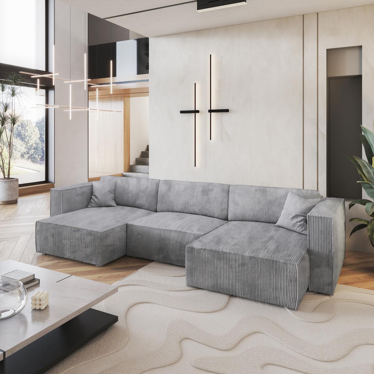 WOHNLANDSCHAFT SARMO P Hellgrau Kordstoff mit Schlaffunktion - Hellgrau/Grau, Holz/Kunststoff (347/70/148cm) - MASSENO
