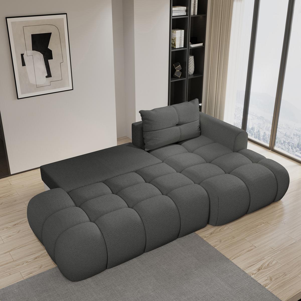 ECKSOFA FLUMA R-S Grau Boucle-Stoff mit Schlaffunktion - Grau, Holz (279/158cm) - MASSENO