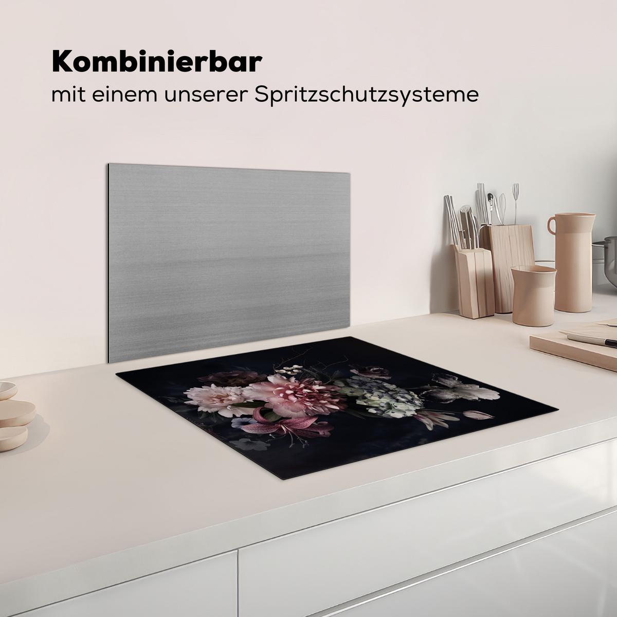 HERDABDECKPLATTE Blumen - Vintage - Pastell - Rosa - Weiß Abdeckung Ceranfeld 59x51 cm - Altrosa, Kunststoff (59/51/0.2cm) - MuchoWow