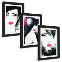 BILDER SET 3er Set - 20x30 cm Schwarzer Rahmen - Porträts von Frauen mit Lippen - Schwarz, Kunststoff (20/30cm) - TULUP