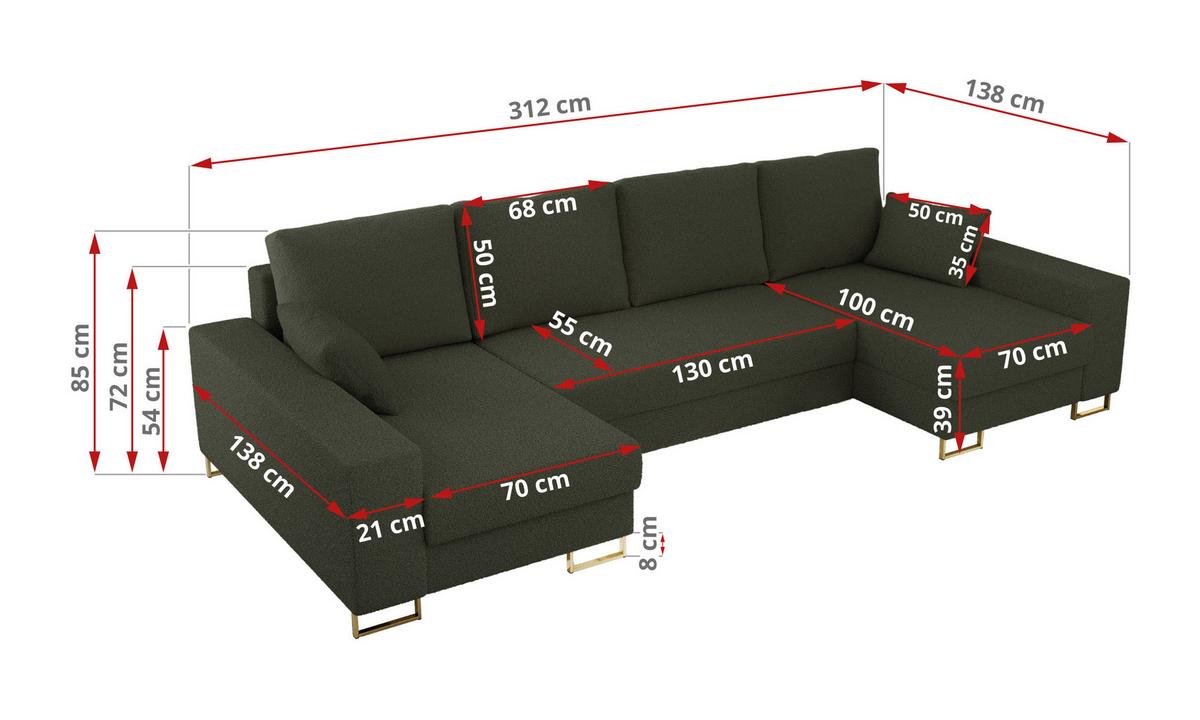 WOHNLANDSCHAFT DORIAN U Bouclé Grün - Goldfarben/Grün, Textil/Metall (312/85/138cm) - MKS