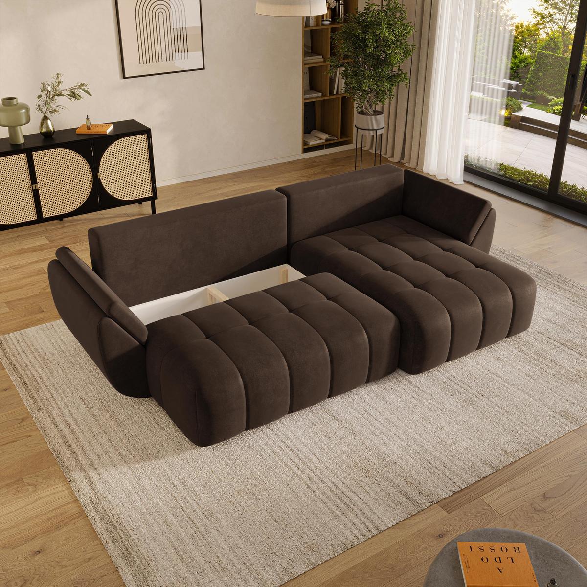 ECKSOFA OLSI Braun Velours-Stoff mit Schlaffunktion - Braun, Holz (285/148cm) - MASSENO