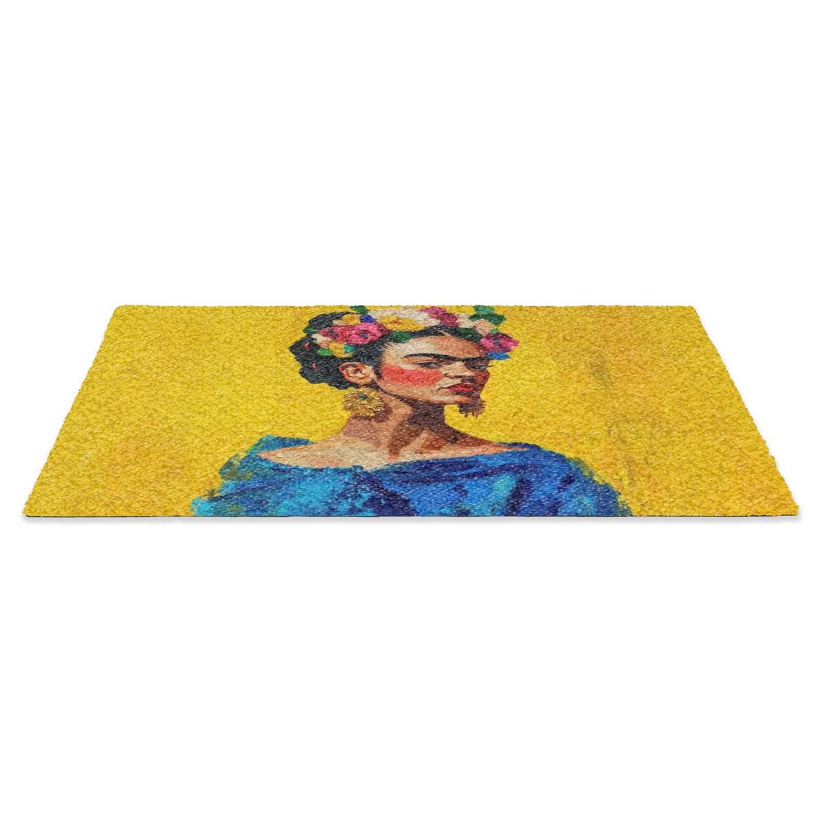 FUSSMATTE Frida Kahlo - Frau - Gelb - Blau - Blumen Schmutzfangmatte 60x40 cm - Gelb, Kunststoff (60/0.4cm) - MuchoWow