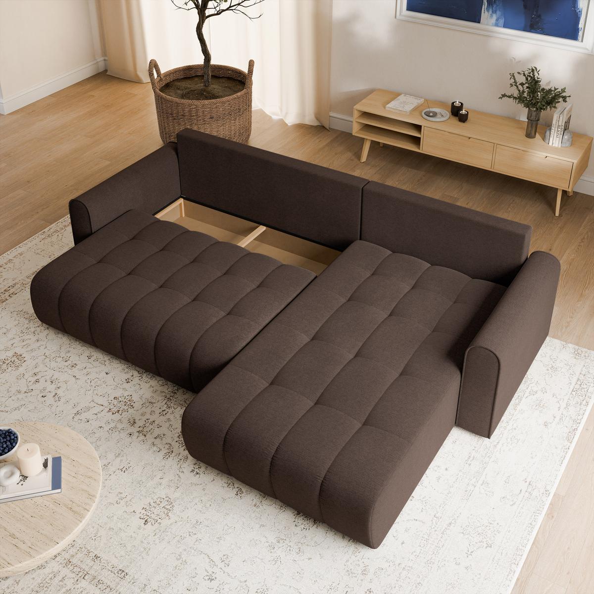 ECKSOFA FRIGA Braun Strukturstoff mit Schlaffunktion - Braun, Holz (283/185cm) - MASSENO